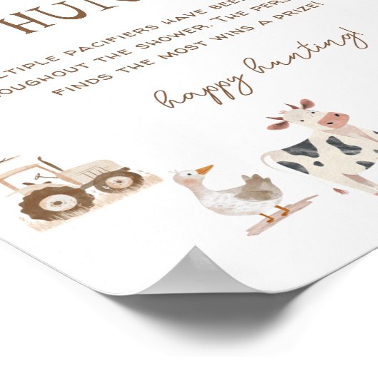 Boerderijdieren Baby shower Fopspeen Hunt Spel Poster (Hoek)