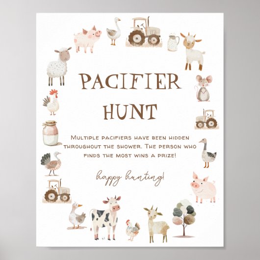 Boerderijdieren Baby shower Fopspeen Hunt Spel Poster (Voorkant)