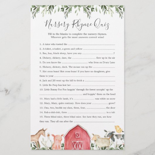 Boerderijdieren Baby shower kinderkamer rijm quiz  (Voorkant)