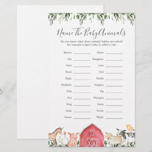 Boerderijdieren Baby shower Noem de babydieren (Voorkant / Achterkant)