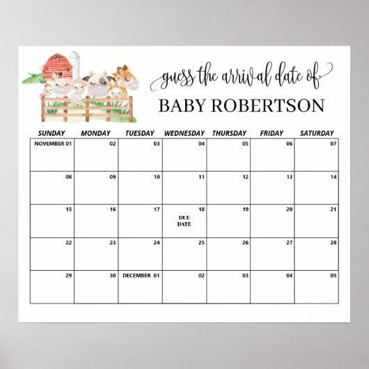 Boerderijdieren Baby Shower Raad de Datum Kalender Poster (Voorkant)