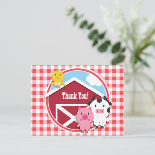 Boerderijdieren Baby shower; Rood & Wit Gingham Briefkaart (Staand voorkant)