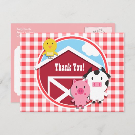 Boerderijdieren Baby shower; Rood & Wit Gingham Briefkaart (Voorkant / Achterkant)