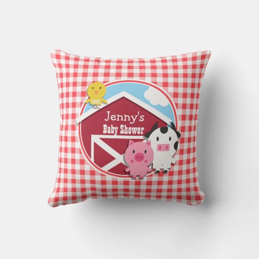 Boerderijdieren Baby shower; Rood & Wit Gingham Kussen (Achterkant)