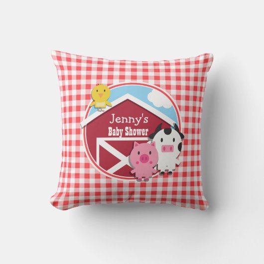 Boerderijdieren Baby shower; Rood & Wit Gingham Kussen (Voorkant)