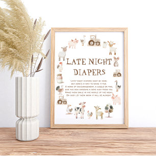 Boerderijdieren Baby shower Spel Late Night Luiers Poster