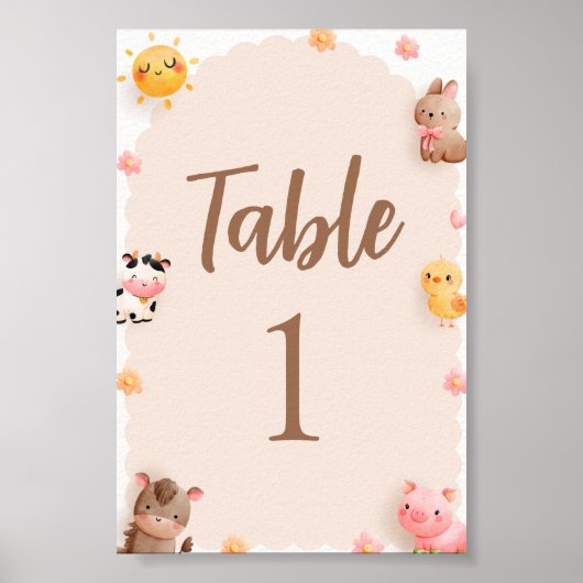 Boerderijdieren Baby shower Tabelnummer Poster (Voorkant)
