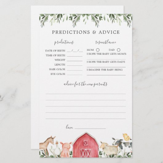 Boerderijdieren Baby shower Voorspellingen en Advi (Voorkant / Achterkant)