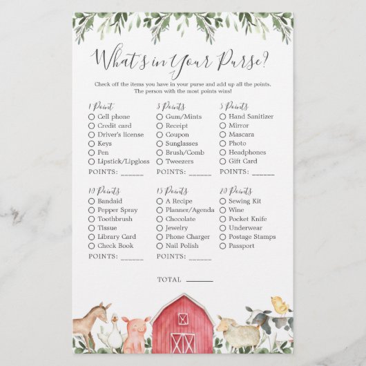 Boerderijdieren Baby shower Wat zit er in je tas (Voorkant)