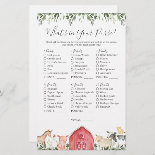 Boerderijdieren Baby shower Wat zit er in je tas (Voorkant / Achterkant)