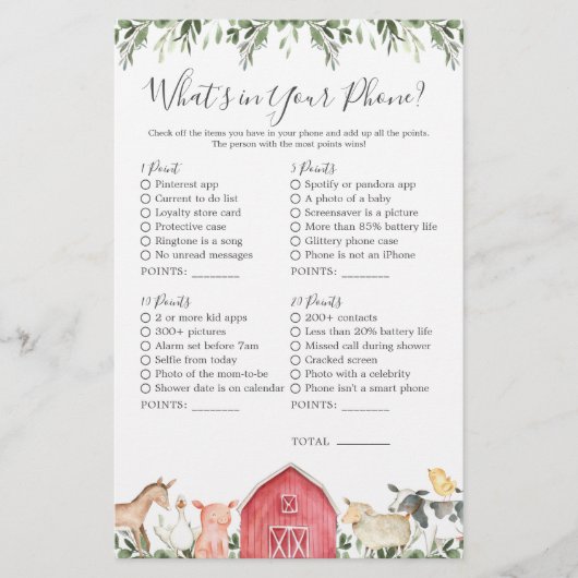 Boerderijdieren Baby shower Wat zit er in je telef (Voorkant)
