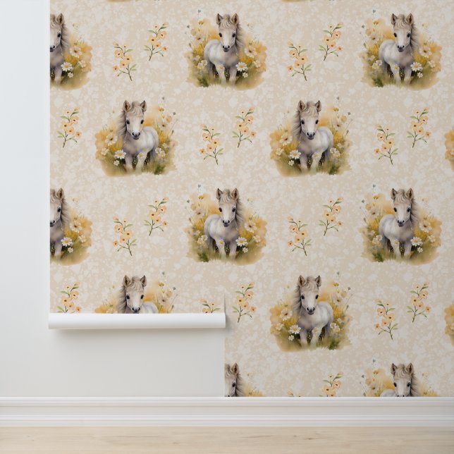 Boerderijdieren Baby Witte Paard Bloemen op Crème Behang (Applicatie)