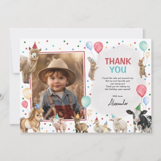 Boerderijdieren Ballon Confetti Boy Verjaardagsfee Bedankkaart (Voorkant)