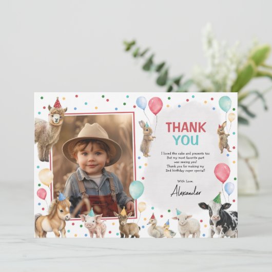 Boerderijdieren Ballon Confetti Boy Verjaardagsfee Bedankkaart (Staand voorkant)