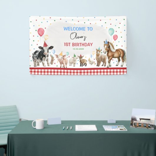 Boerderijdieren Ballon Confetti Boy Verjaardagsfee Spandoek (Beurs)