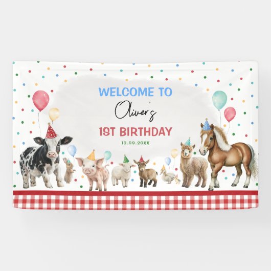 Boerderijdieren Ballon Confetti Boy Verjaardagsfee Spandoek (Horizontaal)