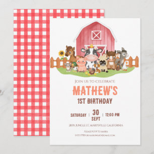 Boerderijdieren Barnyard 1e 2e verjaardag Kaart