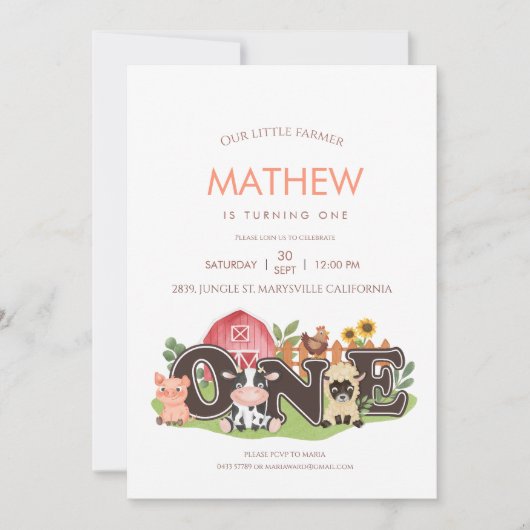 Boerderijdieren Barnyard 1e eerste verjaardag Kaart (Voorkant)