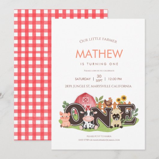 Boerderijdieren Barnyard 1e eerste verjaardag Kaart (Voorkant / Achterkant)