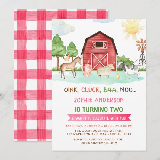 Boerderijdieren Barnyard 2e verjaardag uitnodiging (Voorkant / Achterkant)