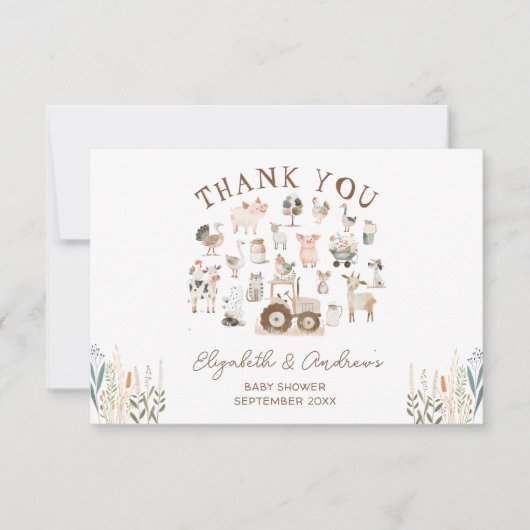 Boerderijdieren Barnyard Baby shower Dank u Kaart (Voorkant)