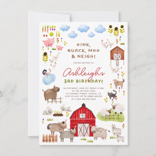 Boerderijdieren Barnyard Bash Verjaardagsfeestje Kaart (Voorkant)