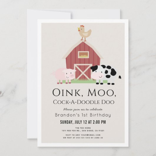 Boerderijdieren Barnyard Beige 1e verjaardag Kaart (Voorkant)