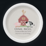 Boerderijdieren Barnyard Beige Verjaardagspapier B Papieren Bordje<br><div class="desc">Dit leuke en eigentijdse "oink,  moo,  cock-a-doodle do" genderneutraal verjaardagspapier bord heeft een varkentje,  een kippenvel en een koe met een rode schuur op een beige achtergrond omlijst door een witte rand. Personaliseer voor uw behoeften. U kunt bijpassende producten vinden in mijn winkel.</div>