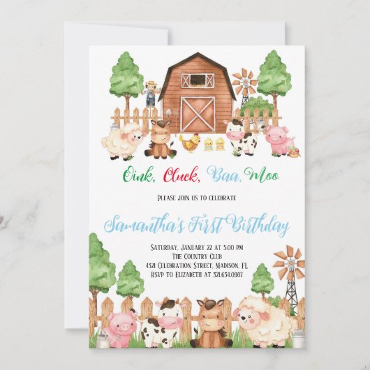 Boerderijdieren Barnyard Blue Boy Verjaardagsfeest Kaart (Voorkant)