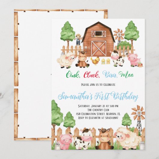 Boerderijdieren Barnyard Blue Boy Verjaardagsfeest Kaart (Voorkant / Achterkant)