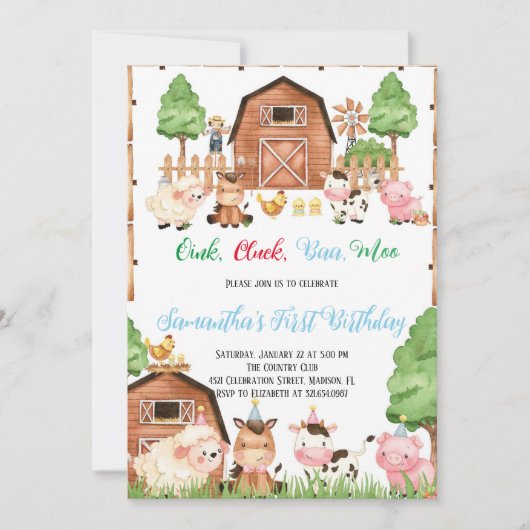 Boerderijdieren Barnyard Blue Boy Verjaardagsfeest Kaart (Voorkant)