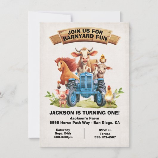 Boerderijdieren Barnyard Blue Tractor Verjaardag Kaart (Voorkant)