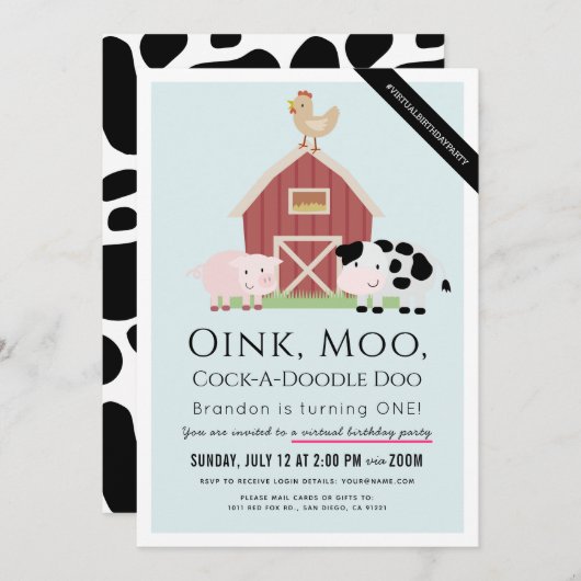 Boerderijdieren Barnyard Blue Virtual 1st Birthday Kaart (Voorkant / Achterkant)
