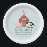 Boerderijdieren Barnyard Boy Blue Verjaardag Papieren Bordje<br><div class="desc">Het verjaardagspapier bord van deze schattige en eigentijdse "oink,  moo,  cock-a-doodle do" is voorzien van een varkentje,  een kippenvel en een koe met een rode schuur op een lichtblauwe achtergrond omlijst door een witte rand. Personaliseer voor uw behoeften. U kunt bijpassende producten vinden in mijn winkel.</div>