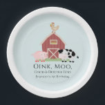 Boerderijdieren Barnyard Boy Blue Verjaardag Papieren Bordje<br><div class="desc">Het verjaardagspapier bord van deze schattige en eigentijdse "oink,  moo,  cock-a-doodle do" is voorzien van een varkentje,  een kippenvel en een koe met een rode schuur op een lichtblauwe achtergrond omlijst door een witte rand. Personaliseer voor uw behoeften. U kunt bijpassende producten vinden in mijn winkel.</div>
