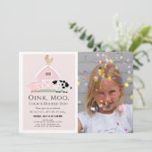 Boerderijdieren Barnyard Pink Girl Foto Verjaardag Kaart (Staand voorkant)
