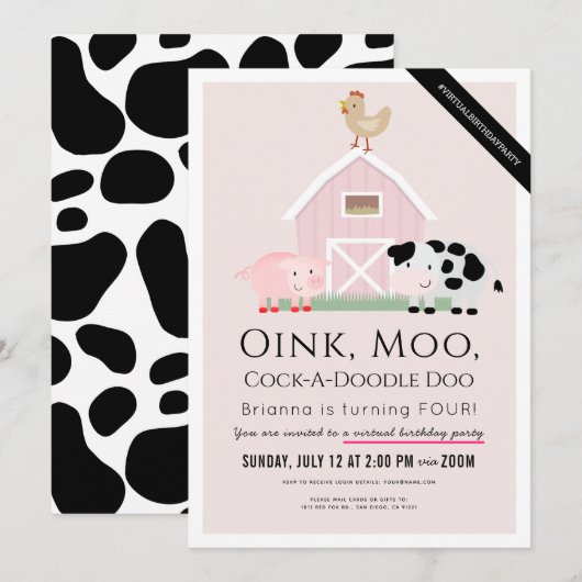 Boerderijdieren Barnyard Pink Girl Virtuele verjaa Kaart (Voorkant / Achterkant)