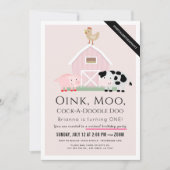Boerderijdieren Barnyard Pink Virtual 1st Birthday Kaart (Voorkant)