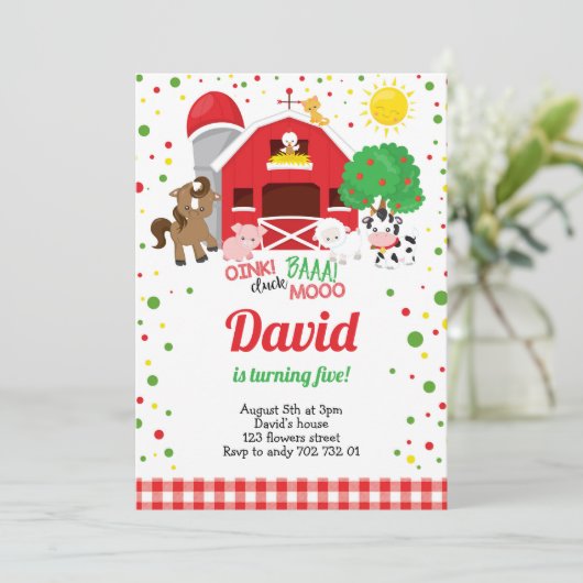 Boerderijdieren Barnyard Plaid Boy Verjaardag Kaart (Staand voorkant)