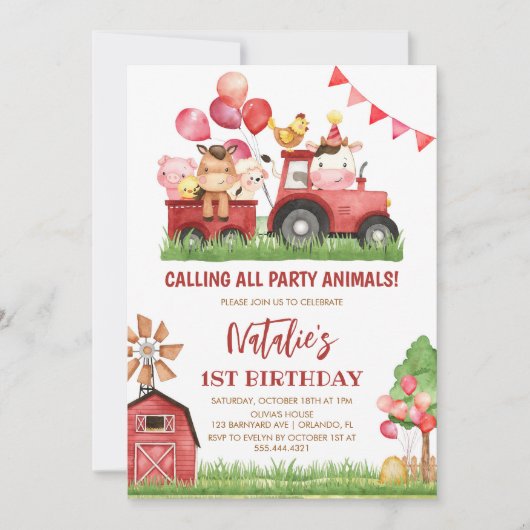 Boerderijdieren, Barnyard, Ranch Girls 1e verjaard Kaart (Voorkant)