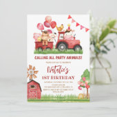 Boerderijdieren, Barnyard, Ranch Girls 1e verjaard Kaart (Staand voorkant)