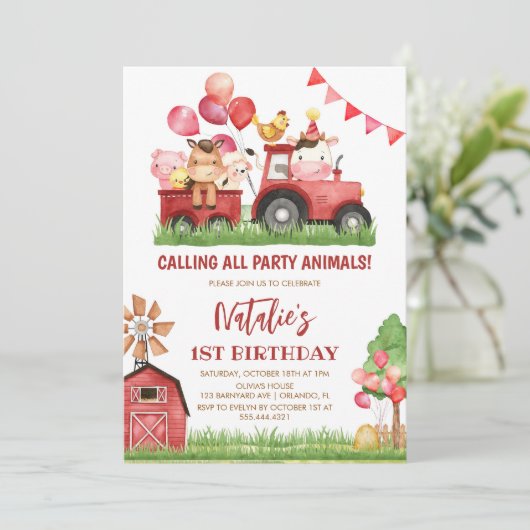 Boerderijdieren, Barnyard, Ranch Girls 1e verjaard Kaart (Staand voorkant)