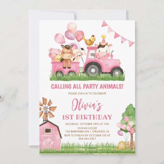 Boerderijdieren, Barnyard, Ranchmeisjes 1e verjaar Kaart (Voorkant)