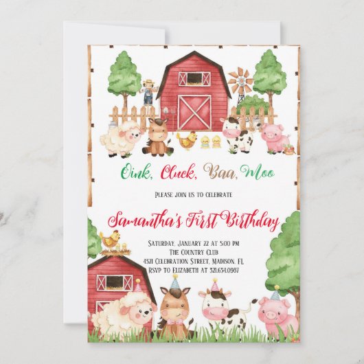 Boerderijdieren Barnyard Red Boy Verjaardagsfeestj Kaart (Voorkant)