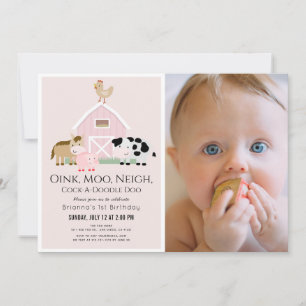 Boerderijdieren Barnyard Roze Meisje 1e Verjaardag Kaart