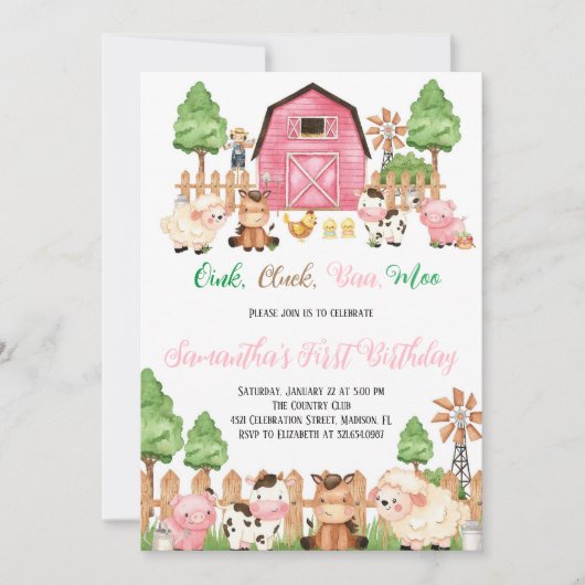 Boerderijdieren Barnyard Roze Meisje Verjaardagsfe Kaart (Voorkant)