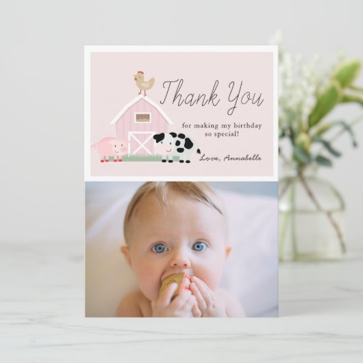 Boerderijdieren Barnyard Roze Verjaardag Bedankt C Kaart (Staand voorkant)