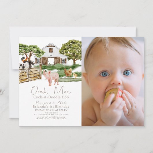Boerderijdieren Barnyard W / C Foto 1e verjaardag Kaart (Voorkant)