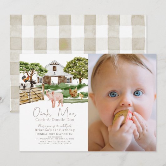 Boerderijdieren Barnyard W / C Foto 1e verjaardag Kaart (Voorkant / Achterkant)