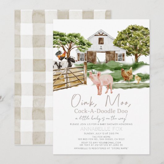 Boerderijdieren Barnyard Waterverf Baby shower Kaart (Voorkant / Achterkant)